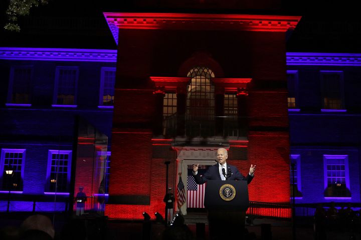 The lighting of Biden's speech, at Independence Hall in Philadelphia, prompted some conservatives to draw comparisons to Adolf Hitler and Satan.