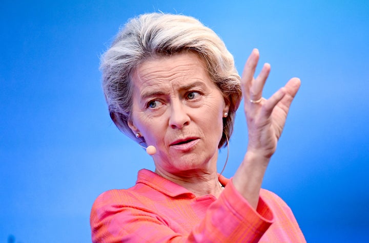 29 August 2022, Berlin: Ursula von der Leyen, President of the European Commission takes part in a discussion on the topic "Social-ecological transformation - How to succeed in a climate-just Europe". Photo: Britta Pedersen/dpa (Photo by Britta Pedersen/picture alliance via Getty Images)