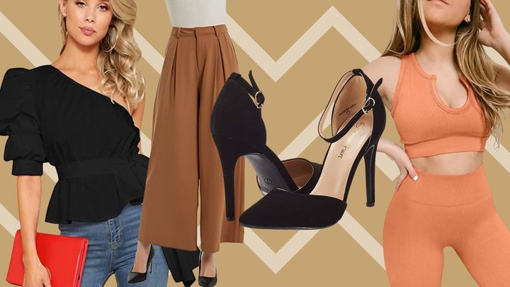 From left to right: An off-the-shoulder belted blouse, high-waisted palazzo pants, a pair of nubuck pumps and a seamless athletic set. 