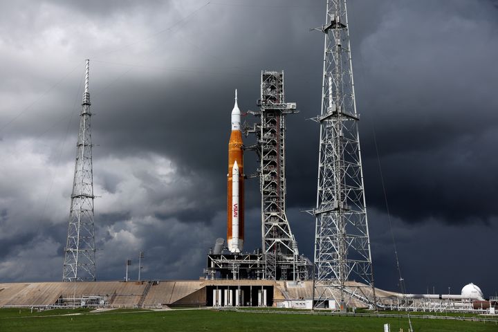 CAPE CANAVERAL, FLORIDA: NASA's Artemis I rocket sits on launch pad 39-B at Kennedy Space Center on September 02, 2022 in Cape Canaveral, Florida. The Artemis I first attempt to was scrubbed after an issue was found on one of the rocket's four engines. The next launch attempt will be September 3rd.