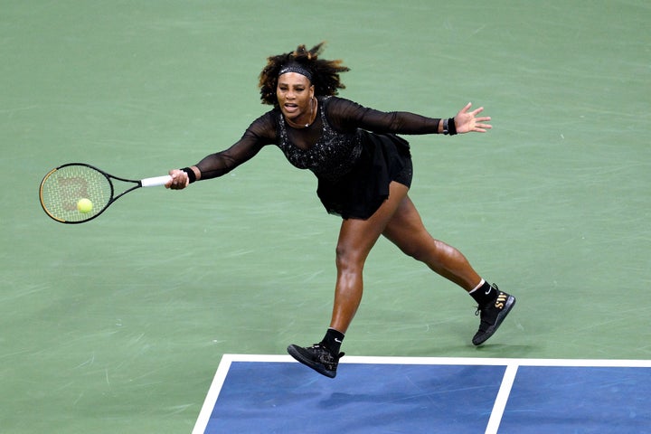 USA's Serena Williams hits a return to Australia's Ajla Tomljanovic during their 2022 US Open Tennis tournament women's singles third round match at the USTA Billie Jean King National Tennis Center in New York, on September 2, 2022. (Photo by ANGELA WEISS / AFP) (Photo by ANGELA WEISS/AFP via Getty Images)