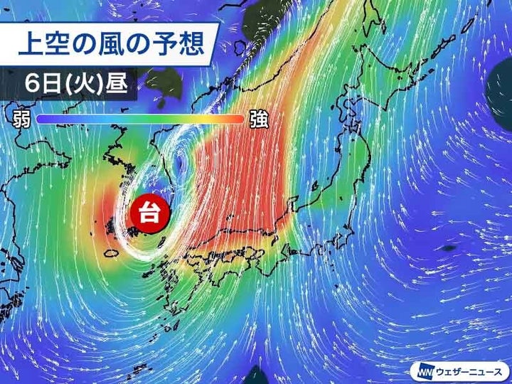 6日(火)昼の上空の風の予想