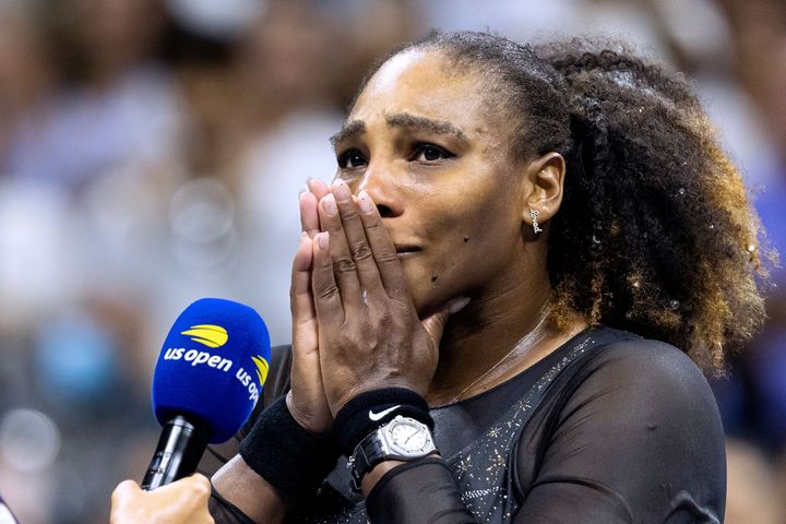 Serena Williams gets emotional in a post match interview after losing against Australia's Ajla Tomljanovic during their 2022 US Open Tennis tournament women's singles third round match