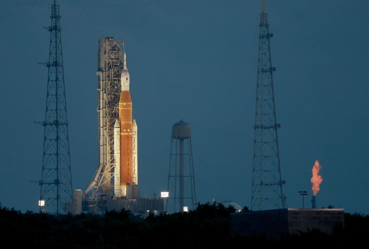 NASA's Artemis I rocket sits on launch pad 39-B at Kennedy Space Center on Saturday, Sept. 3. 