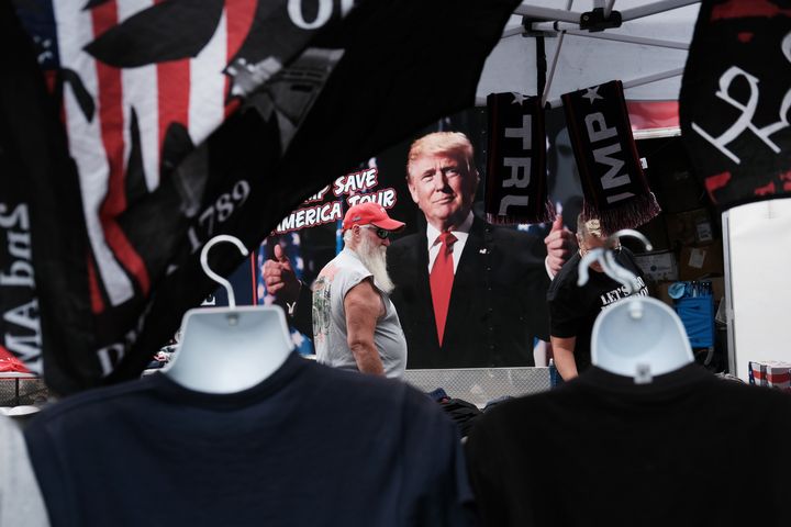 WILKES-BARRE, PENNSYLVANIA - SEPTEMBER 03: Merchandise is available for sale as people gather to hear former president Donald Trump speak as he endorses local candidates at the Mohegan Sun Arena on September 03, 2022 in Wilkes-Barre, Pennsylvania. Trump still denies that he lost the election against President Joe Biden and has encouraged his supporters to doubt the election process. Trump has backed Senate candidate Mehmet Oz and gubernatorial hopeful Doug Mastriano. (Photo by Spencer Platt/Getty Images)