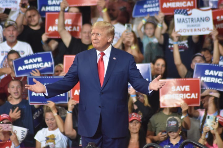 WILKES-BARRE, PENNSYLVANIA, USA - SEPTEMBER 3, 2022: Former President of the United States Donald J. Trump delivers remarks at a Save America rally in Wilkes-Barre, Pennsylvania on September 3, 2022. Former President of the United States Donald J. Trump commented on the FBI raid at Mar-a-Lago in Palm Beach, Florida to the crowd. (Photo by Kyle Mazza/Anadolu Agency via Getty Images)