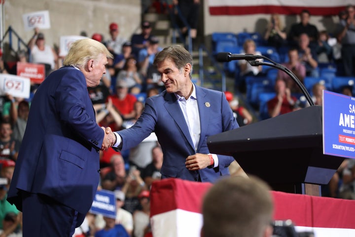 WILKES-BARRE, PENNSYLVANIA - SEPTEMBER 03: Pennsylvania GOP Senate candidate and former TV personality Dr. Mehmet Oz is greeted by former president Donald Trump at a rally to support local candidates at the Mohegan Sun Arena on September 03, 2022 in Wilkes-Barre, Pennsylvania. Trump still denies that he lost the election against President Joe Biden and has encouraged his supporters to doubt the election process. Trump has backed Senate candidate Mehmet Oz and gubernatorial hopeful Doug Mastriano. (Photo by Spencer Platt/Getty Images)