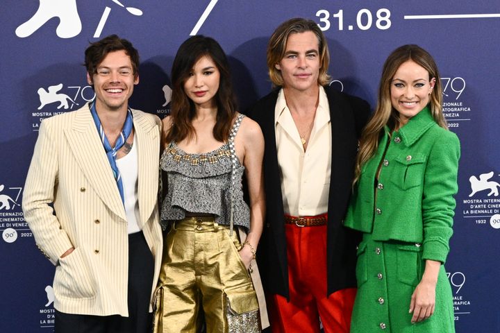 Harry Styles, Gemma Chan, Chris Pine and Olivia Wilde attend the photocall for "Don't Worry Darling" at the 79th Venice International Film Festival on Sep. 5.