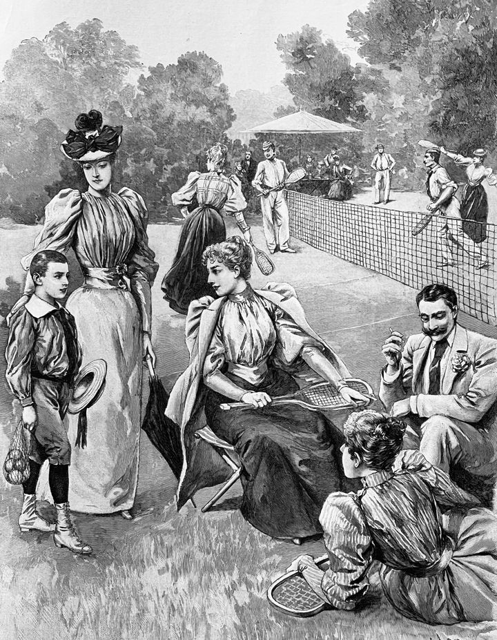 Οικογένειες γύρω από γήπεδο τένις σε απεικόνιση του 19ου αιώνα. 