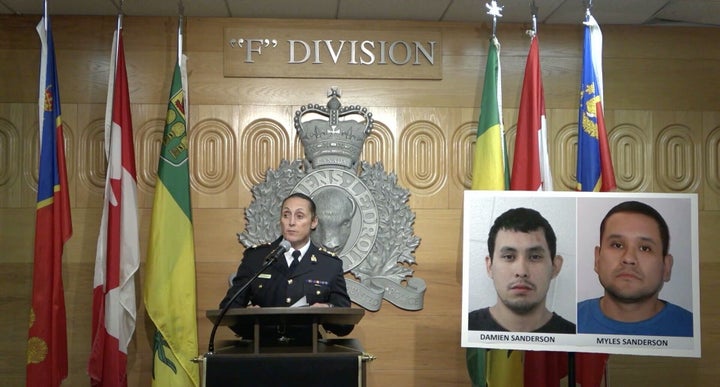 REGINA, CANADA - SEPTEMBER 05: (----EDITORIAL USE ONLY â MANDATORY CREDIT - "ROYAL CANADIAN MOUNTED POLICE / HANDOUT" - NO MARKETING NO ADVERTISING CAMPAIGNS - DISTRIBUTED AS A SERVICE TO CLIENTS----) The Assistant Commissioner of the Royal Canadian Mounted Police (RCMP) in Saskatchewan, Rhonda Blackmore makes a speech as she holds a press conference on a series of stabbings in Canadaâs central Saskatchewan province, at the Royal Canadian Mounted Police "F" Division headquarters in Regina, Saskatchewan on September 05, 2022. 10 people have been killed and 15 more injured in a series of stabbings in Canadaâs central Saskatchewan province, police said on Sunday. Two suspects â Damien Sanderson, 31, (on the photo 2nd R) and Myles Sanderson, 30 (on the photo R) â are still at large, according to Rhonda Blackmore, commanding officer of the Saskatchewan Royal Canadian Mounted Police (RCMP). (Photo by Royal Canadian Mounted Police / Handout/Anadolu Agency via Getty Images)