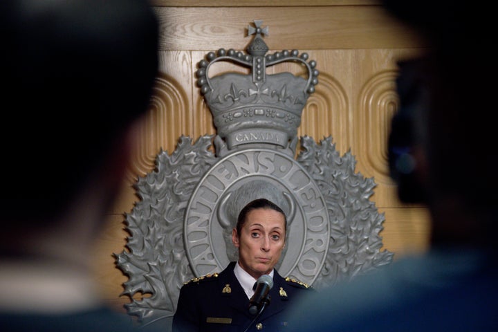 Assistant Commissioner Rhonda Blackmore speaks during a press conference at the Royal Canadian Mounted Police "F" Division headquarters in Regina, Saskatchewan, on Sunday, Sept. 4, 2022. Authorities identified two suspects in a series of stabbings in two communities in the Canadian province of Saskatchewan that left multiple people dead and others wounded. (Michael Bell/The Canadian Press via AP)