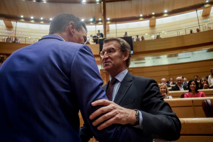 El presidente del Gobierno, Pedro Sánchez, y el líder del PP, Alberto Núñez Feijóo, en el Senado, en junio.