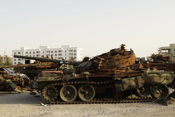 Wrecked tanks and other vehicles are seen as daily life continues amid the destruction in the city of Mariupol, Ukraine on August 26, 2022 as Russia-Ukraine war continues.