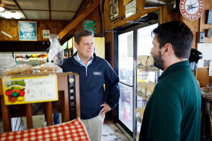 Massachusetts GOP Voters Size Up Trump Loyalist For Governor 2 Republican candidate for governor Geoff Diehl greets Taft Farms owner Paul Tawczynski during a stop at the farm store in Great Barrington, Mass., as part of Diehl's campaign tour through the Berkshires on March 10, 2022.