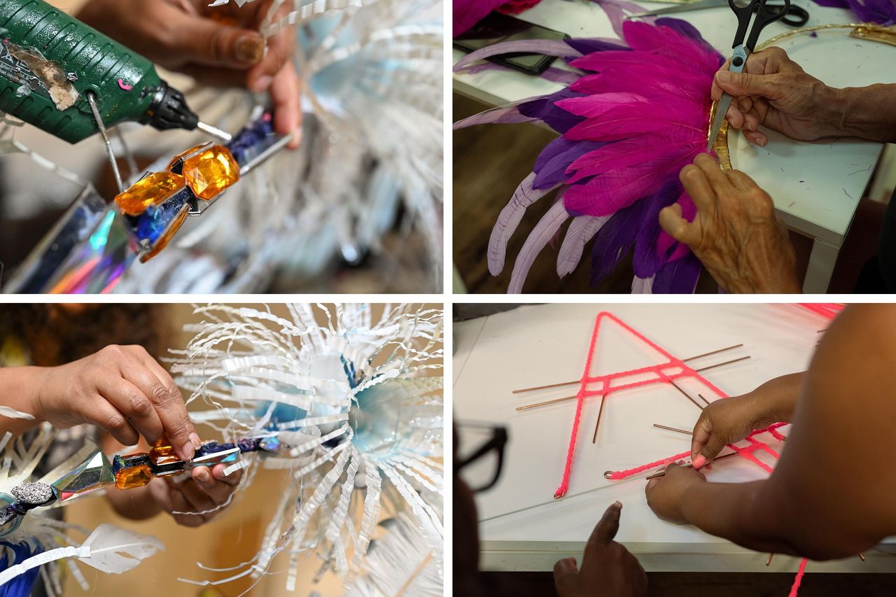 Top left: Orange gems are glued onto a Vibrance Mas Band costume. Top right: Caroline, a team member, glues feathers with the help of scissors onto a Funatik Mas Band costume. Bottom left: Orange gems are added to the Vibrance Mas Band costume. Bottom right: Pink ribbon is added to metal rods to create a back support for the children's Carnival costumes at the Funatik Mas Band costume workshop.