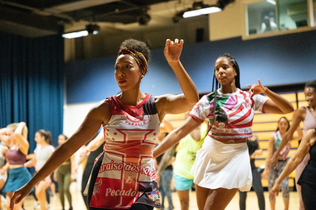 Samba instructor Leila leads an advanced rehearsal at the Paraiso School of Samba ahead of this year's Notting Hill Carnival.