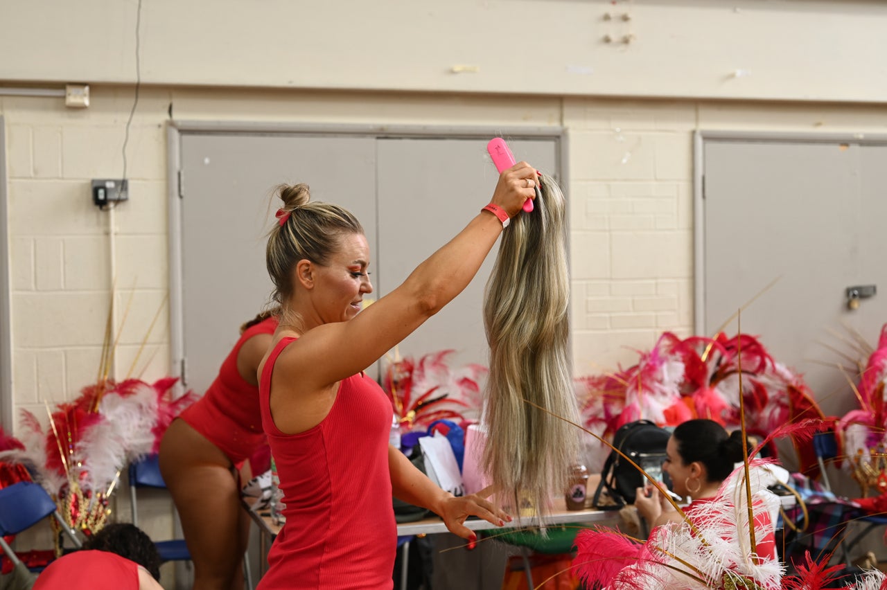 Dancers at the Paraiso School of Samba prepare to join the Carnival parade.