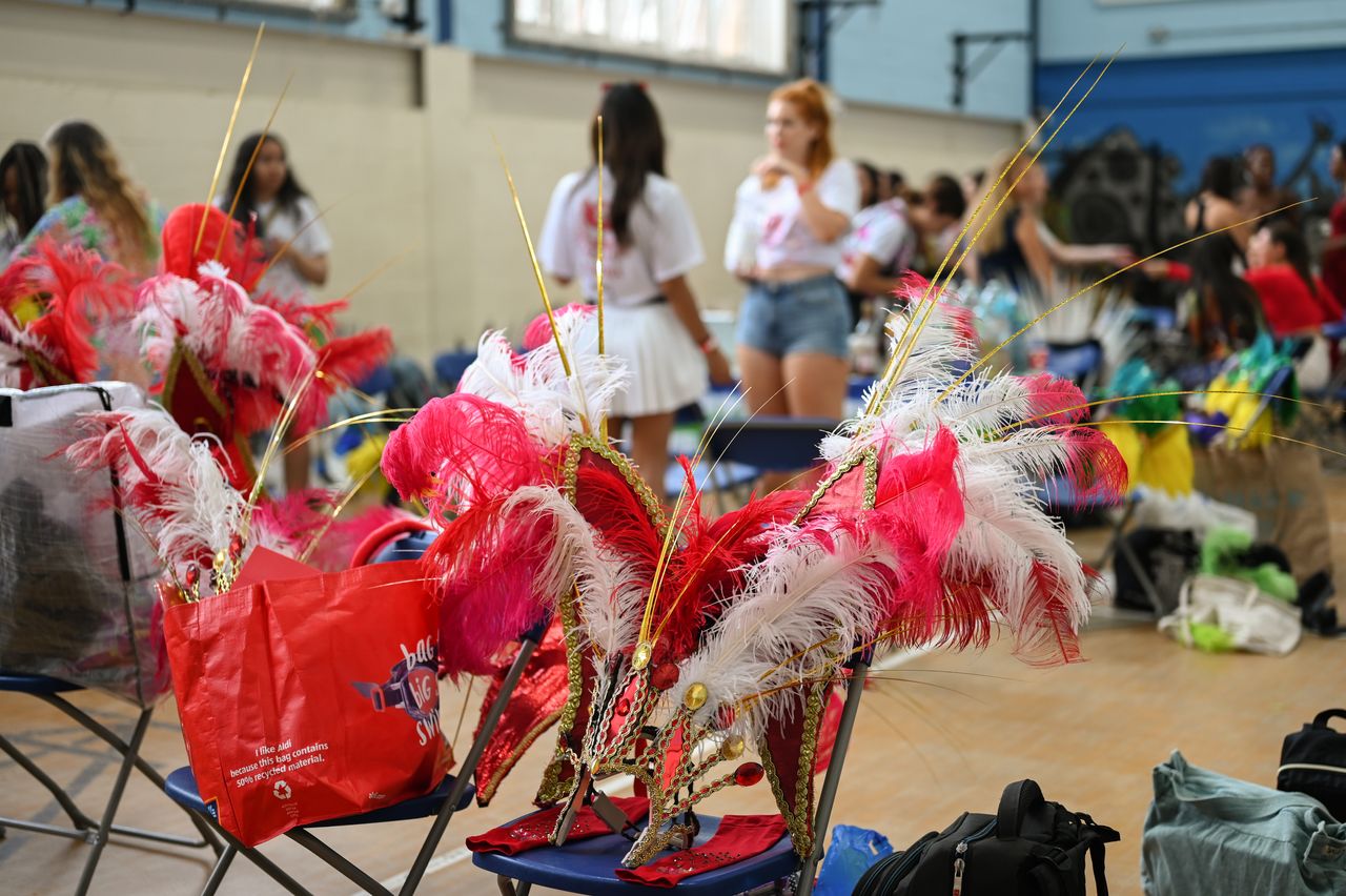 Costumes are laid out for the Paraiso School of Samba Passistas.