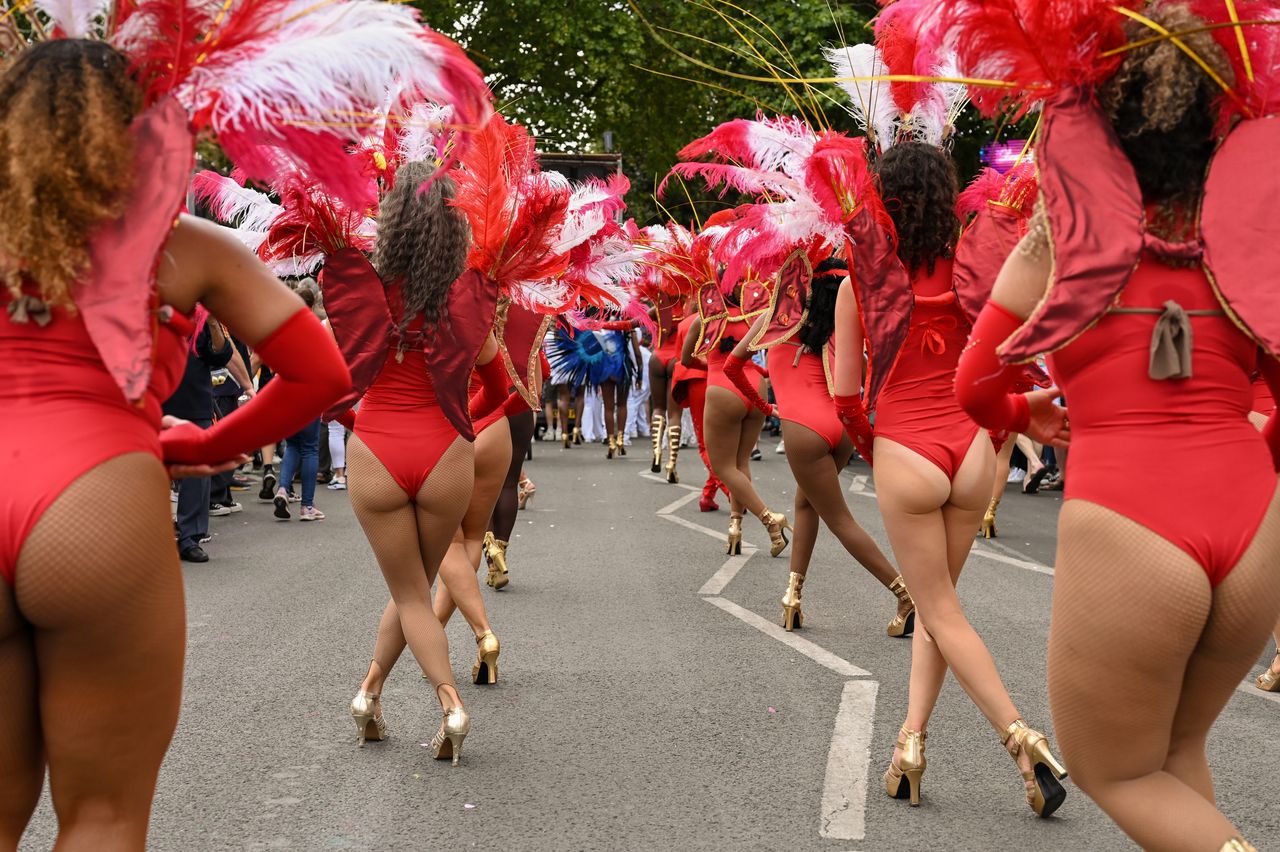 The Passistas of the Paraiso School of Samba perform in the Notting Hill Carnival parade. 