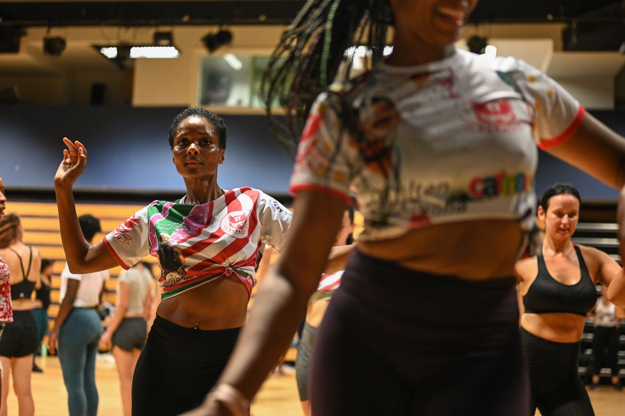 Students rehearse in an advanced Samba class at the Paraiso School of Samba ahead of this year's Notting Hill Carnival.