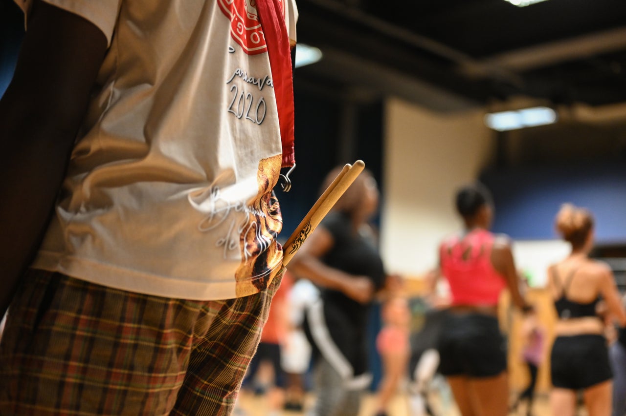 Paraiso School of Samba's Bateria prepares for the Notting Hill Carnival.