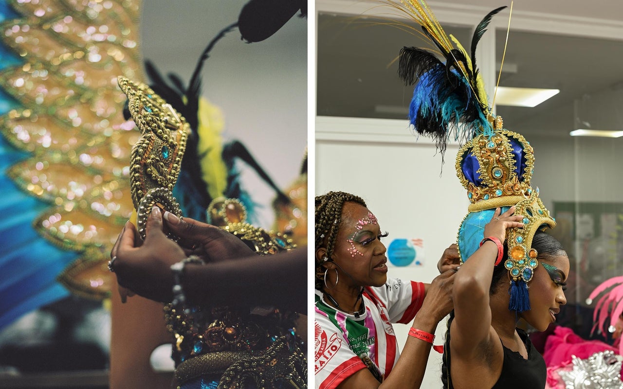 Amber Ogunsanya-William gets ready, with the help of her mother, for the Notting Hill Carnival parade.