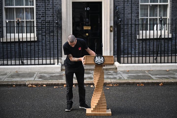 The lectern is prepared ahead of new UK prime minister Liz Truss arriving to give her first speech at Downing Street.