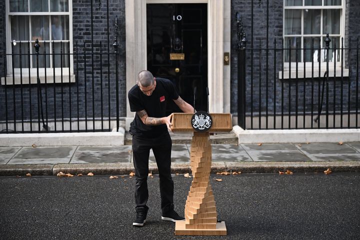 <strong>The lectern is prepared ahead of new UK prime minister Liz Truss arriving to give her first speech at Downing Street.</strong>