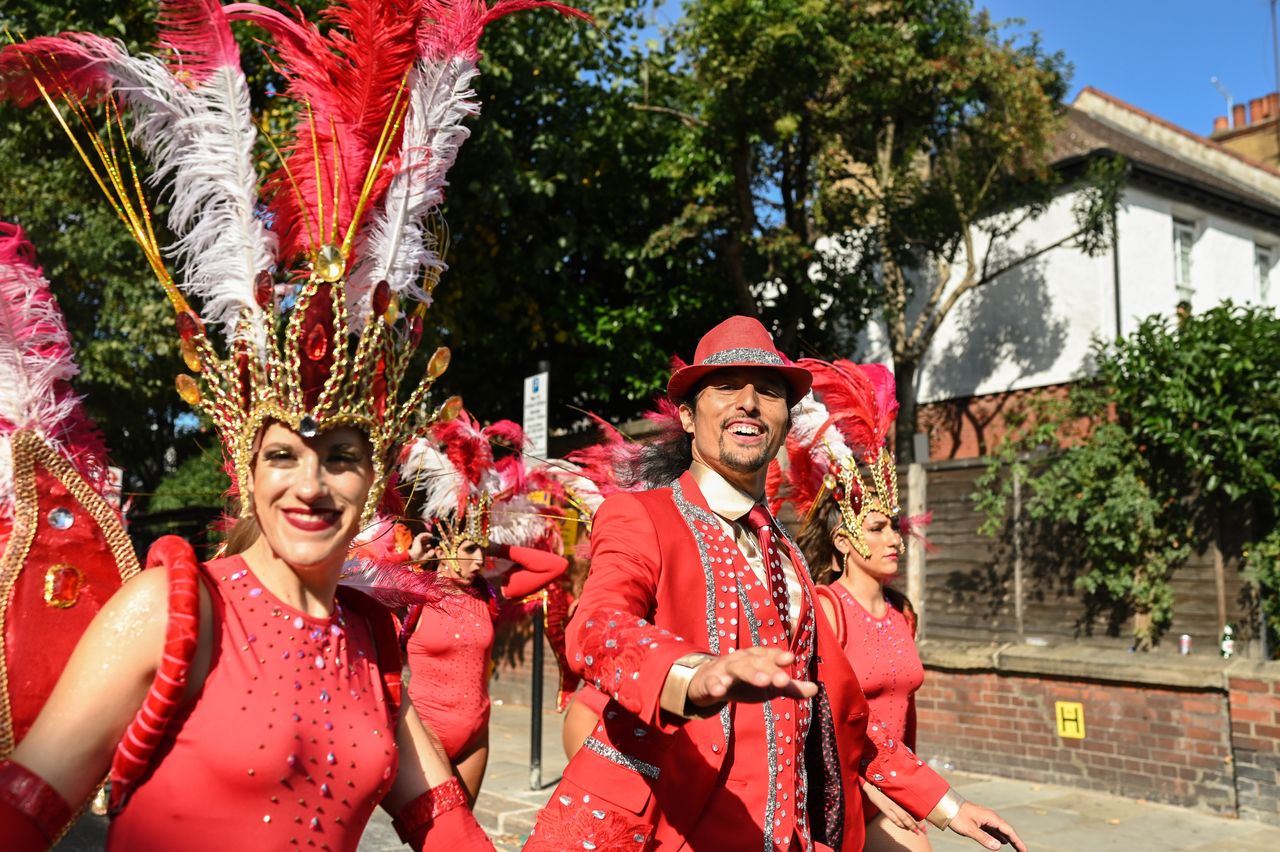 Passista dancers for the Paraiso School of Samba make their way to the Carnival parade.