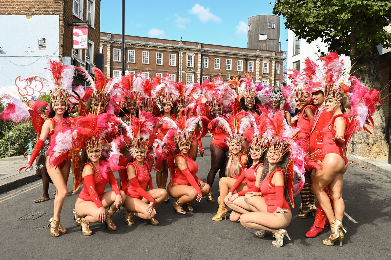 The Passistas of the Paraiso School of Samba pose for a photo.