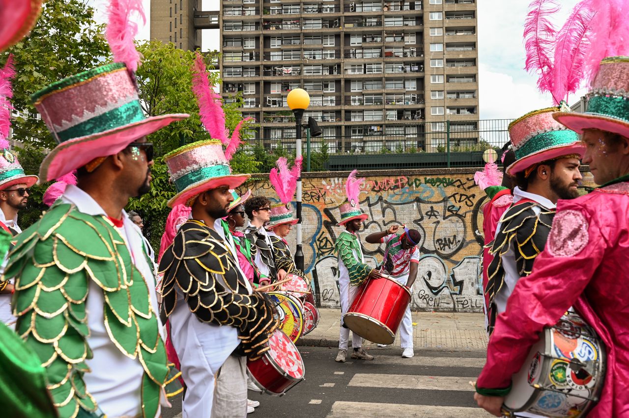 The Paraiso School of Samba Bateria performs during the Notting Hill Carnival parade.