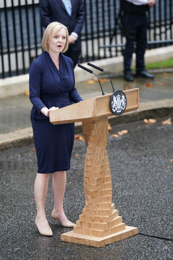 <strong>New prime minister Liz Truss makes a speech outside 10 Downing Street.</strong>