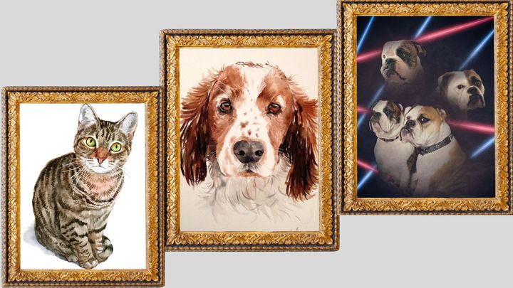 A cat painting from GreatPetsPortraits, dog watercolor from Kribro and '80s digital portrait from OlanMeows.
