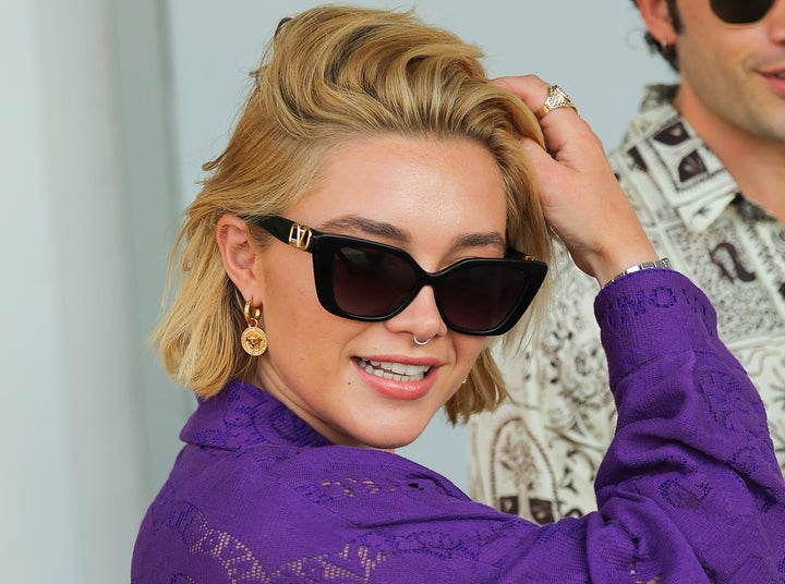 Florence Pugh arrives Monday at the airport during the 79th Venice International Film Festival in Italy.