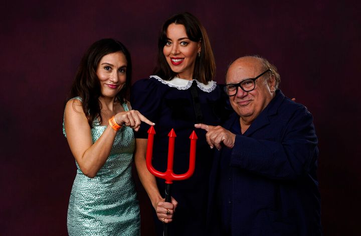 Lucy DeVito, left, Aubrey Plaza and Danny DeVito promote "Little Demon," a new sitcom airing on FX and Hulu.