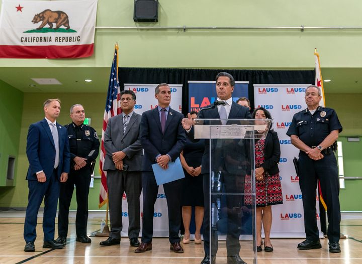 Alberto Carvalho, Superintendent, Los Angeles Unified School District, the nation's second-largest school district, at podium, comments on an external cyberattack on the LAUSD information systems during the Labor Day weekend.