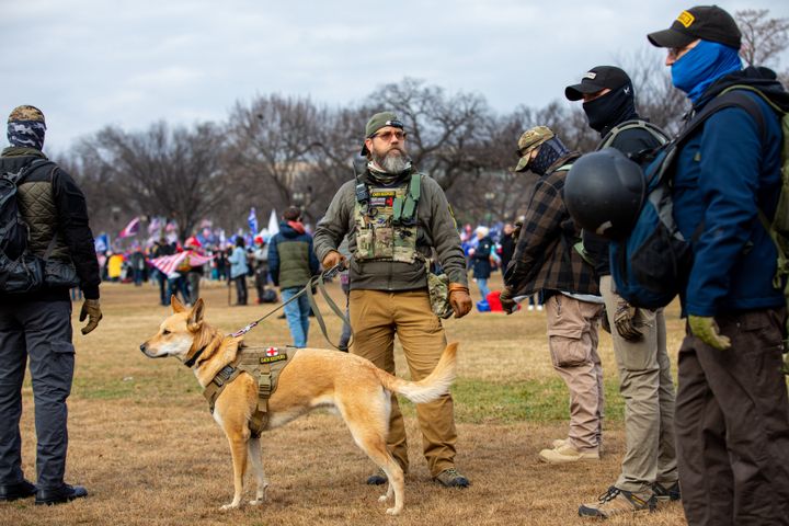 FILE: Men belonging to the Oathkeepers wearing military tactical gear attend the "Stop the Steal" rally on January 6, 2021. Oathkeepers founder Stewart Rhodes and four other Oath Keeper members or associates are hearing to trial this month for seditious conspiracy charges.