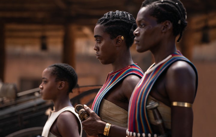 Thuso Mbedu, Lashana Lynch and Sheila Atim star in a scene from "The Woman King."