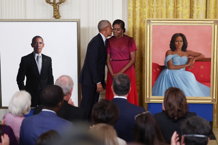 Former U.S. President Barack Obama and former first lady Michelle Obama unveil their official White House portraits.