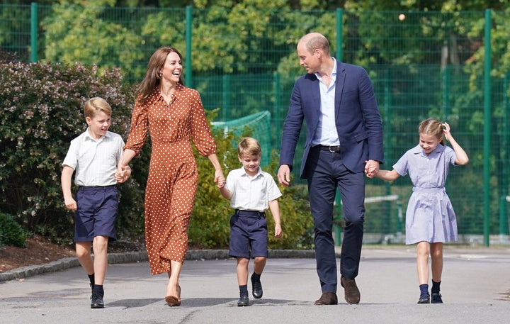 Prince George, Princess Charlotte and Prince Louis, accompanied by their parents the Duke and Duchess of Cambridge, arrive for a settling in afternoon at Lambrook School, near Ascot in Berkshire.