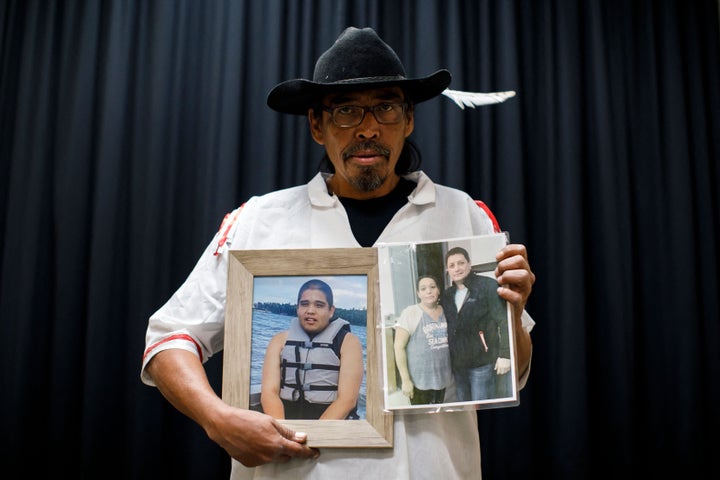 Brian Burns, father of James Smith Cree Nation stabbing victim Gregory, and husband to victim Bonnie, is photographed with photos of the victims in Saskatoon, Saskatchewan, Canada, on September 7, 2022. - One of two brothers who were the target of a massive manhunt in Canada after allegedly carrying out a stabbing spree that left 10 dead and 18 wounded has been found dead, police said on September 5. The killings in the remote James Smith Cree Nation Indigenous community and the town of Weldon in Saskatchewan province in western Canada are among the deadliest incidents of mass violence to ever hit the nation. (Photo by Cole BURSTON / AFP) (Photo by COLE BURSTON/AFP via Getty Images)