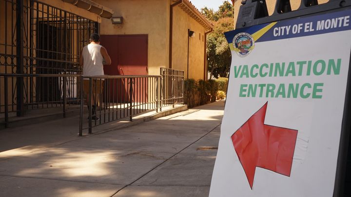 A sign of vaccination entrance is seen outside a monkeypox vaccination site in Los Angeles County, California, the United States, on Aug. 25, 2022. (Photo by Zeng Hui/Xinhua via Getty Images)
