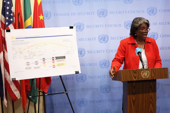 Linda Thomas-Greenfield, United States Ambassador to the United Nations, speaks during a press conference ahead of a U.N. Security Council meeting to discuss the war in Ukraine at the United Nations Headquarters on Sept. 7, 2022, in New York City. 