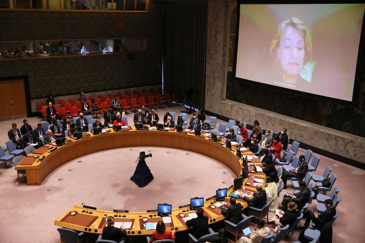 Ilze Brands Kehris, Assistant Secretary-General for Human Rights, speaks virtually during a U.N. Security Council meeting to discuss the war in Ukraine at the United Nations Headquarters on Sept. 7, 2022 in New York City. 