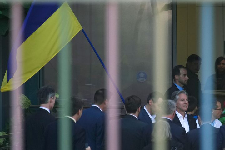 U.S. Secretary of State Antony Blinken, third right, arrives to visit a children's hospital in Kyiv, Ukraine, on Sept. 8, 2022 during his trip to Ukraine. 