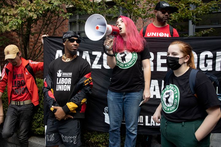 Starbucks union organizers, several who have recently been fired for their labor activities, protest outside the private home of Starbucks CEO Howard Schultz on Labor Day in New York City.