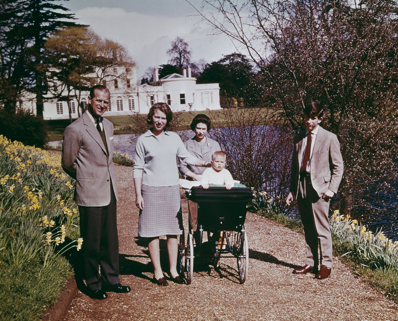 Queen Elizabeth II and Prince Philip, Duke of Edinburgh and their children at Windsor on the Queen's 39th birthday in April 1965. 