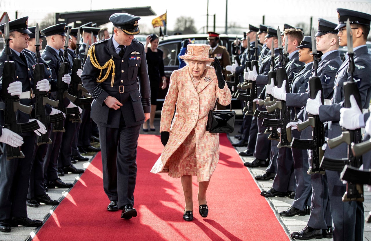 Queen Elizabeth II arrives at Royal Air Force base Marham in eastern England on February 3, 2020.