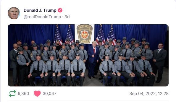 Former President Donald Trump posted a photo taken with three dozen Pennsylvania state troopers on his Truth Social platform on Sept. 4.