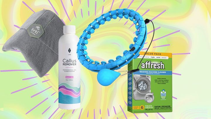 From left to right: An ergonomic travel pillow, an extra-strength callus-removing gel, a low-impact fitness hoop and washing machine cleaning tablets. 